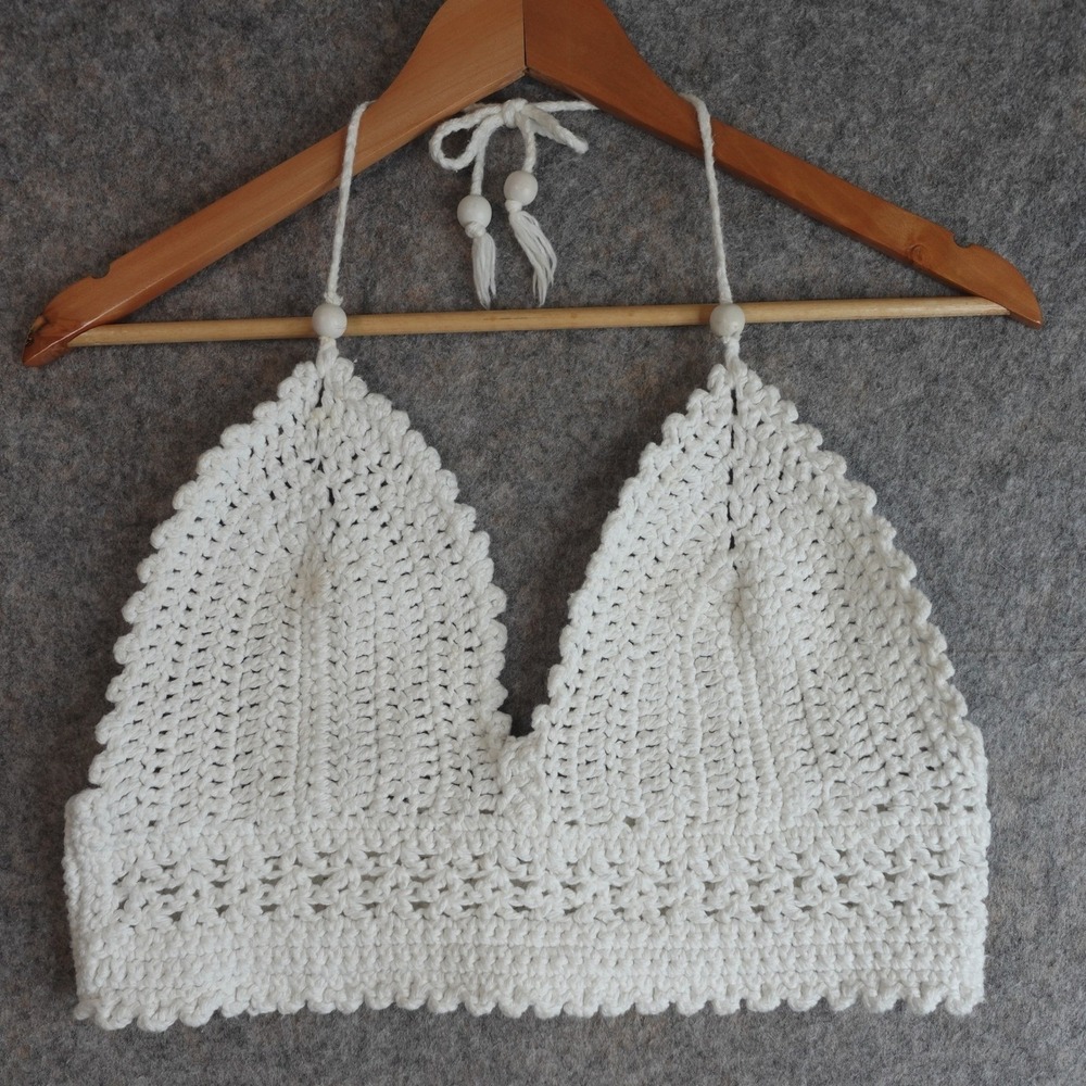 Handmade Crochet Halter Bralette Crop Top S/M White Boho Festival Cottage Beachy